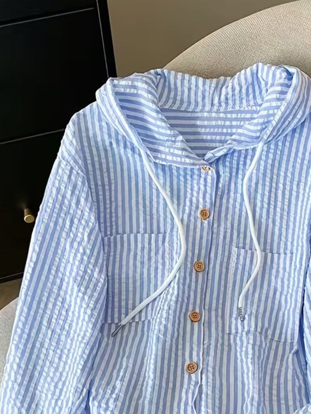 NWT Blue White Striped Seersucker Style Hooded Shirt Jacket - Picture 5 of 8